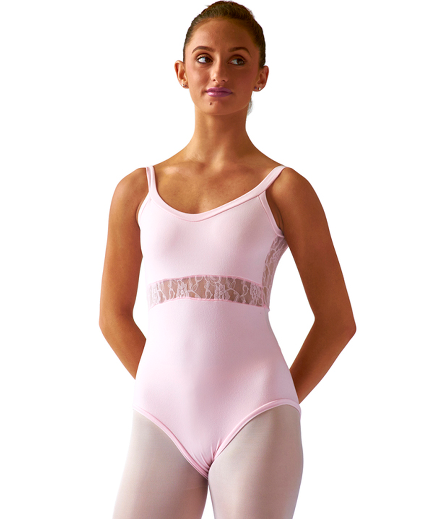 Crossed Back Cami Leotard with stretchy Lace Inset, soft and pretty, ultra comfortable with elastic-free construction and no center front seam.  