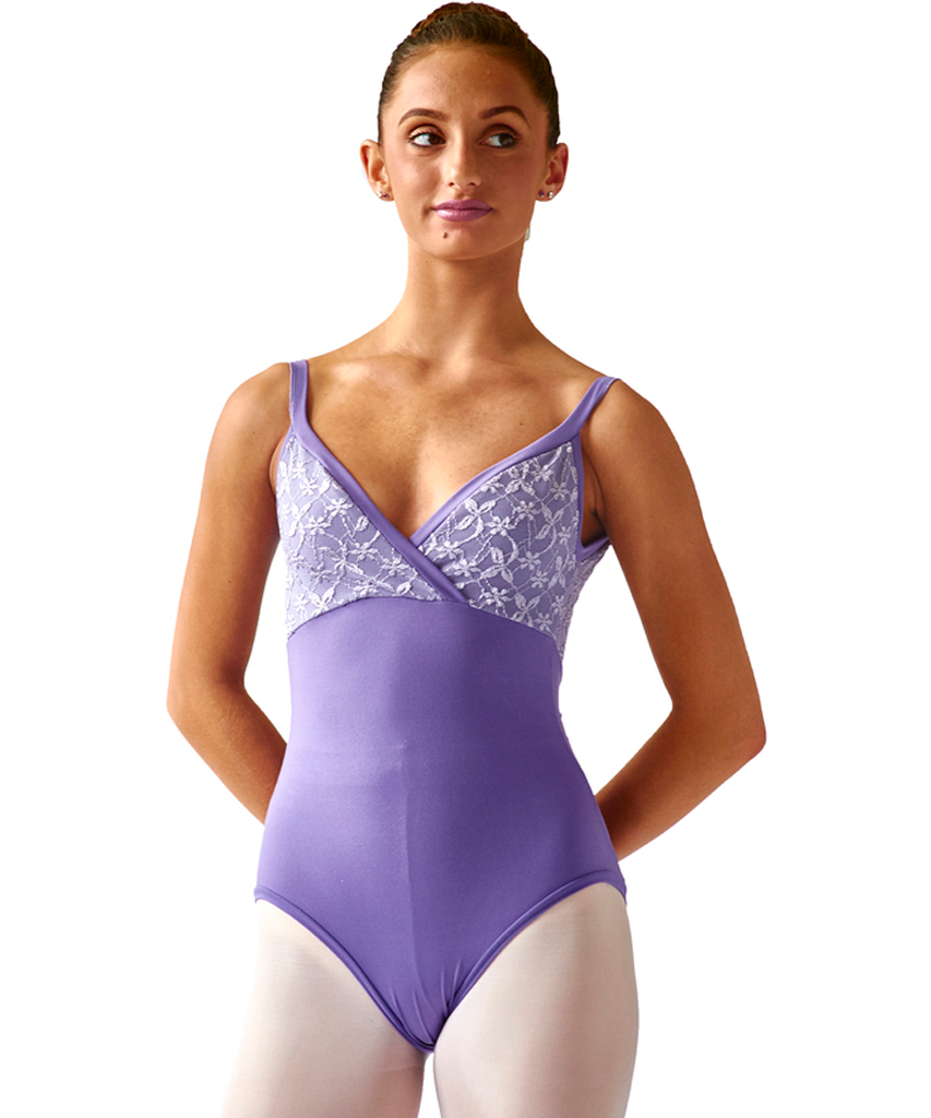 Lace Embossed Camisole Leotard , the wrap front bodice and back exquisitely  embroidered, and the body of Soft Motion supremely comfortable with elastic-free design and no center front seam.