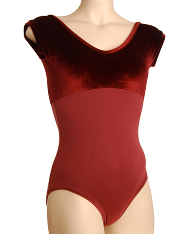 Cap Sleeve Empire Leotard  with luxurious stretch velvet empire bodice and body of performance fabric, no center front seam and elastic-free construction for all-day comfort.