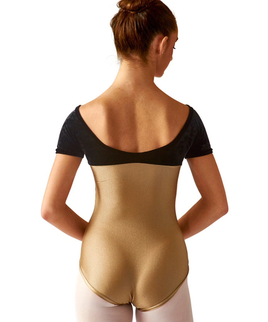 Short-Sleeve Empire Leotard in Lycra or Soft Motion performance fabric, with stretch velvet empire bodice and short sleeves, elastic-free design with no center front seam.