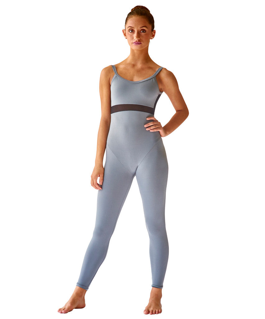 Crossed Back Cami Unitard, Soft Motion with Mesh Inset , as comfortable as it is pretty.  The stretch mesh and performance fabric body are made to keep you looking your best, comfortable all day with elastic -free construction. No center front seam to cut in or bind; unique hip seaming to give a long line; shelf bra for extra coverage and support.
